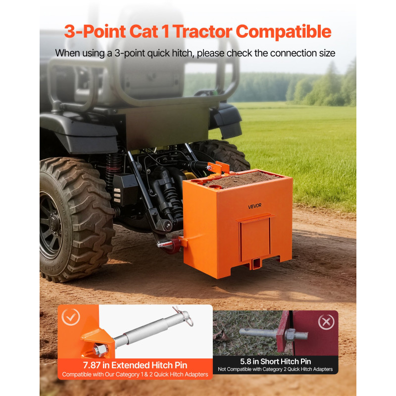 VEVOR Ballast Box, Κατηγορία 3 σημείων Tractor Ballast χωρητικότητας 363 kg, με κανονικό δέκτη κοτσαδόρου 55 mm, βαρέως τύπου χάλυβα 0,09 m³ Μεγάλου όγκου, ανθεκτικό εξάρτημα φορτωτή με συρόμενη πόρτα, πορτοκαλί
