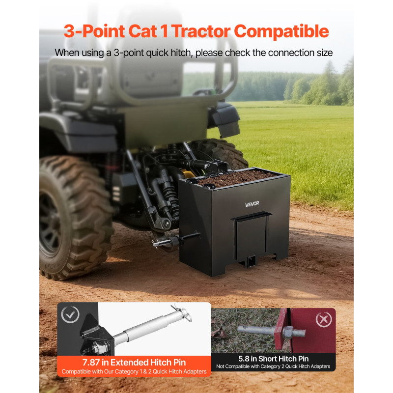 VEVOR Ballast Box, Κατηγορία 3 Point Tractor Ballast χωρητικότητας 363 kg, με τυπικό δέκτη κοτσαδόρου 55 mm, βαρέως τύπου ατσάλι 0,09 m³ Μεγάλου όγκου, ανθεκτικό εξάρτημα φορτωτή με συρόμενη πόρτα, μαύρο