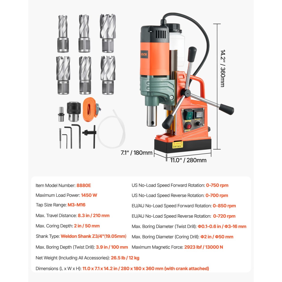 VEVOR Magnetic Drill, 1450W Κινητήρας 50 mm Διάμετρος Πυρήνα, 13000 N Μαγνητική Δύναμη, Φορητή ηλεκτρική πρέσα τρυπανιού Mag με 6 μύτες πυρήνα, Μεταβλητή ταχύτητα, Μηχάνημα διάτρησης για μεταλλική επιφάνεια, Βιομηχανική