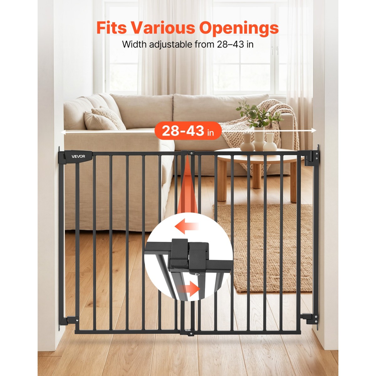 VEVOR Baby Gate για σκάλες, 720-1085 mm Ρυθμιζόμενο πλάτος, 760 mm High Dog Gate, Χωρίς κάτω μπάρα, Λειτουργία με το ένα χέρι, Εύκολη εγκατάσταση διάτρησης με κιτ υλικού, για σκάλες, πόρτες, σπίτι, μαύρο