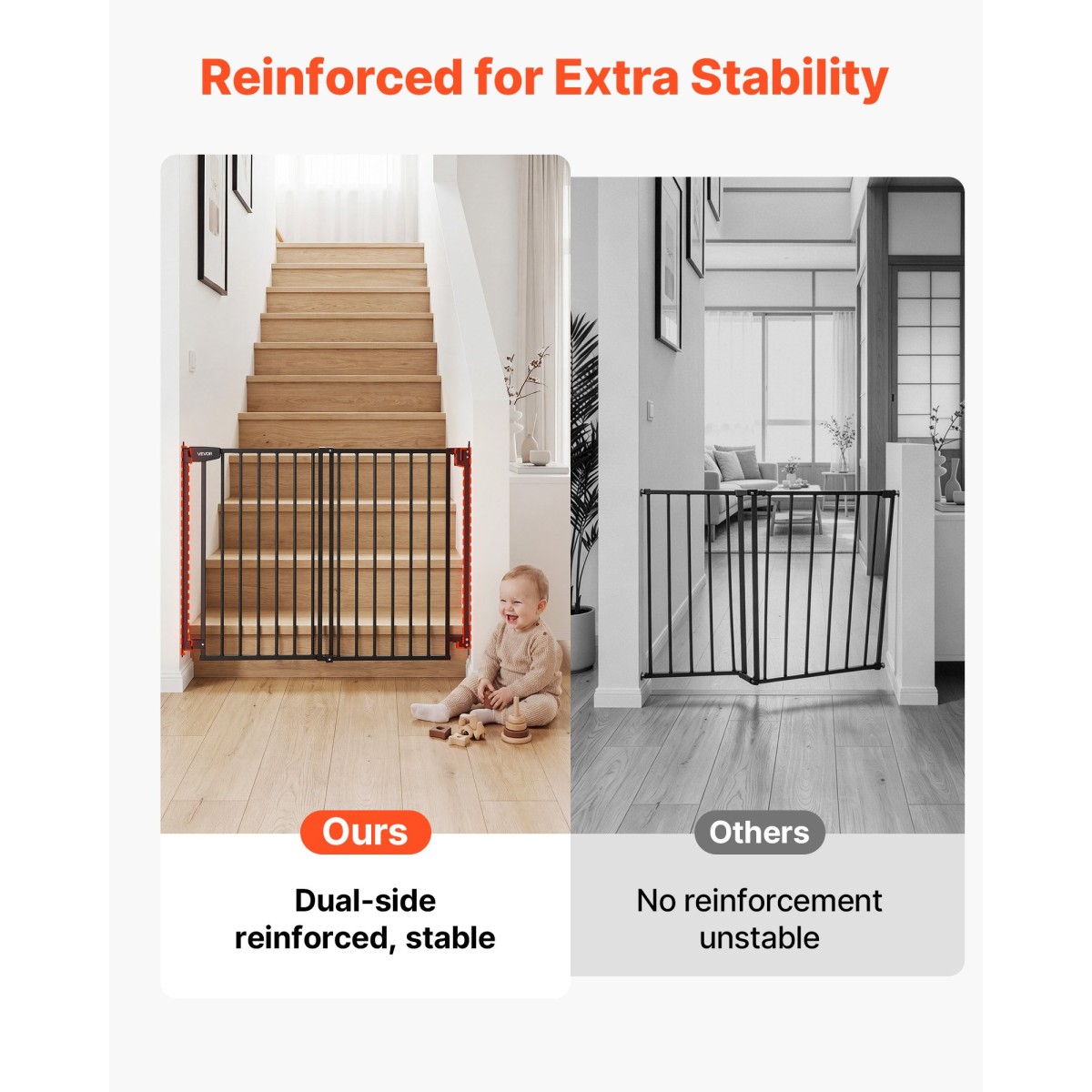 VEVOR Baby Gate για σκάλες, 720-1085 mm Ρυθμιζόμενο πλάτος, 760 mm High Dog Gate, Χωρίς κάτω μπάρα, Λειτουργία με το ένα χέρι, Εύκολη εγκατάσταση διάτρησης με κιτ υλικού, για σκάλες, πόρτες, σπίτι, μαύρο