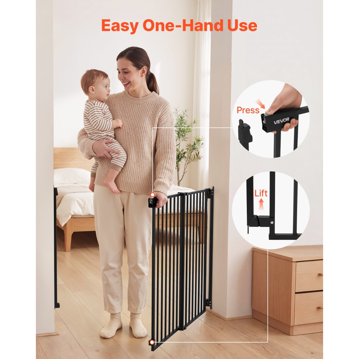 VEVOR Baby Gate για σκάλες, 720-1085 mm Ρυθμιζόμενο πλάτος, 760 mm High Dog Gate, Χωρίς κάτω μπάρα, Λειτουργία με το ένα χέρι, Εύκολη εγκατάσταση διάτρησης με κιτ υλικού, για σκάλες, πόρτες, σπίτι, μαύρο