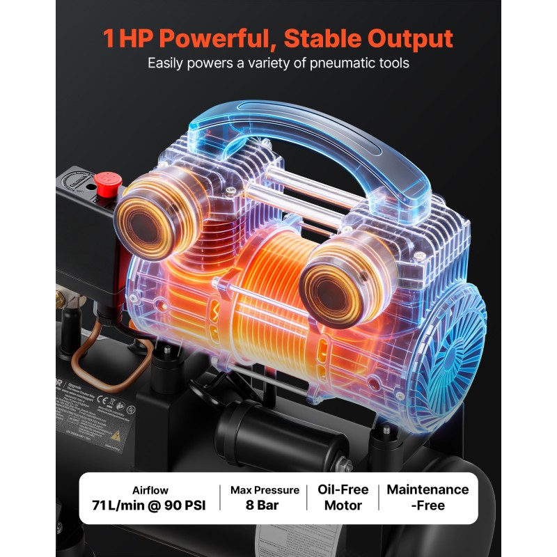 VEVOR 6L Air Compressor, 0,75KW Oil-free Tank Air Compressor, 71 L/min at 6,2 Bar, Max 8 Bar Pressure, Compact & Portable for Auto Repair, Furting ελαστικών, Βάψιμο με σπρέι, Καρφώματα ξυλουργικής