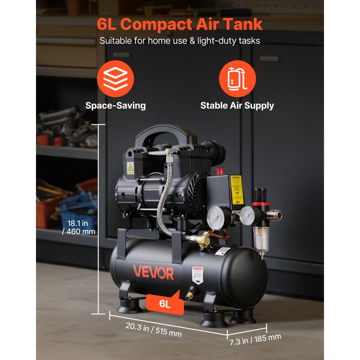 VEVOR 6L Air Compressor, 0,75KW Oil-free Tank Air Compressor, 71 L/min at 6,2 Bar, Max 8 Bar Pressure, Compact & Portable for Auto Repair, Furting ελαστικών, Βάψιμο με σπρέι, Καρφώματα ξυλουργικής