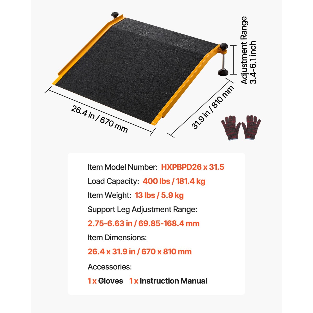 VEVOR ράμπα κατωφλίου για πόρτες, 670 x 810 mm, ράμπα αναπηρικής πολυθρόνας πλατφόρμας από αλουμίνιο με ρυθμιζόμενο ύψος, αντιολισθητικές ράμπες κατωφλίου πόρτας, χωρητικότητα φόρτωσης 181,4 kg, για βήματα στο σπίτι, αναπηρικά αμαξίδια, περιπατητές