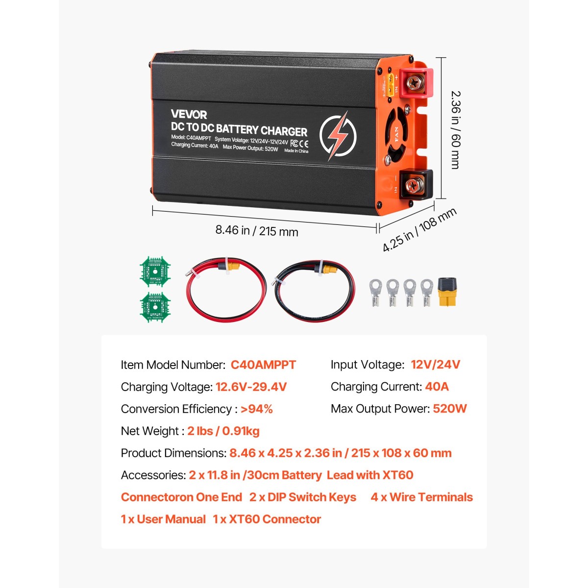 Φορτιστής VEVOR DC σε DC με MPPT, 520W, Φορτιστής μπαταρίας 40A, Διπλή είσοδος ηλιακού πίνακα/εναλλάκτη, έξυπνη φόρτιση πολλαπλών σταδίων για μπαταρίες μολύβδου LiFePO4, για RV, αυτοκίνητα, εφεδρική τροφοδοσία σπιτιού