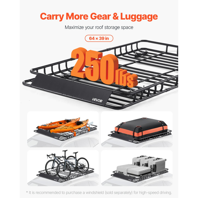 VEVOR Roof Rack Basket, 1625 x 990 x 105 mm, Universal Rooftop Carrier Cargo Cargo με 1120 x 870 x 260 mm τσάντα φορτίου, δίχτυ, ιμάντες καστάνιας, 113,4 kg Μέγιστη χωρητικότητα φόρτωσης αυτοκινήτου Κορυφαία θήκη αποσκευών, για SUV Car