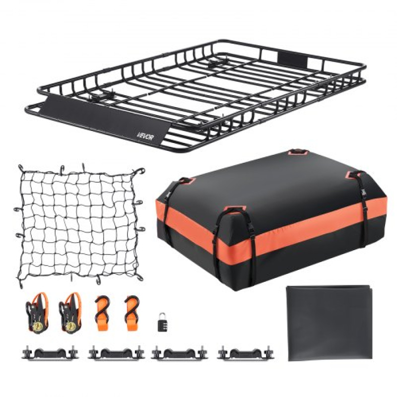 VEVOR Roof Rack Basket, 1625 x 990 x 105 mm, Universal Rooftop Carrier Cargo Cargo με 1120 x 870 x 260 mm τσάντα φορτίου, δίχτυ, ιμάντες καστάνιας, 113,4 kg Μέγιστη χωρητικότητα φόρτωσης αυτοκινήτου Κορυφαία θήκη αποσκευών, για SUV Car