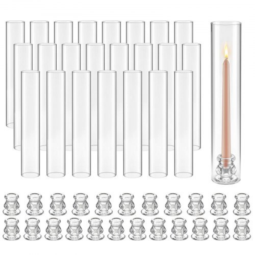 Κηροπήγια VEVOR Hurricane Σετ 24, Φ 65 x 350 χιλ. Ψηλός Clear Glass Κυλινδροθήκη Κηροπήγιο, Υψηλό Βοροπυριτικό Γυαλί, Αντιανεμική Προστασία για Γάμο, Τραπέζι Κεντρικό, Πάρτι, Διακόσμηση σπιτιού