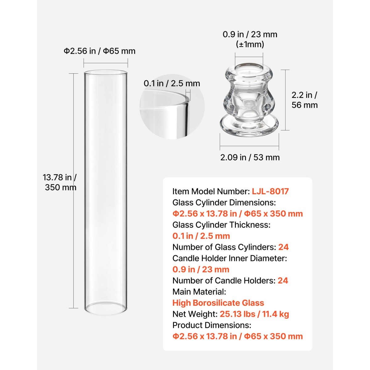 Κηροπήγια VEVOR Hurricane Σετ 24, Φ 65 x 350 χιλ. Ψηλός Clear Glass Κυλινδροθήκη Κηροπήγιο, Υψηλό Βοροπυριτικό Γυαλί, Αντιανεμική Προστασία για Γάμο, Τραπέζι Κεντρικό, Πάρτι, Διακόσμηση σπιτιού