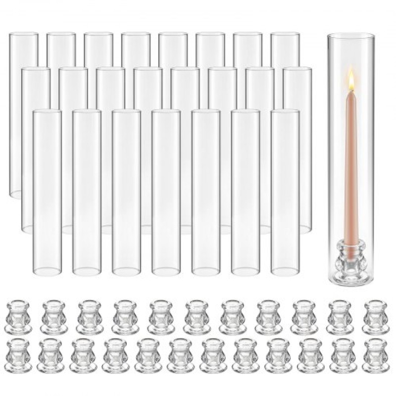 Κηροπήγια VEVOR Hurricane Σετ 24, Φ 65 x 350 χιλ. Ψηλός Clear Glass Κυλινδροθήκη Κηροπήγιο, Υψηλό Βοροπυριτικό Γυαλί, Αντιανεμική Προστασία για Γάμο, Τραπέζι Κεντρικό, Πάρτι, Διακόσμηση σπιτιού