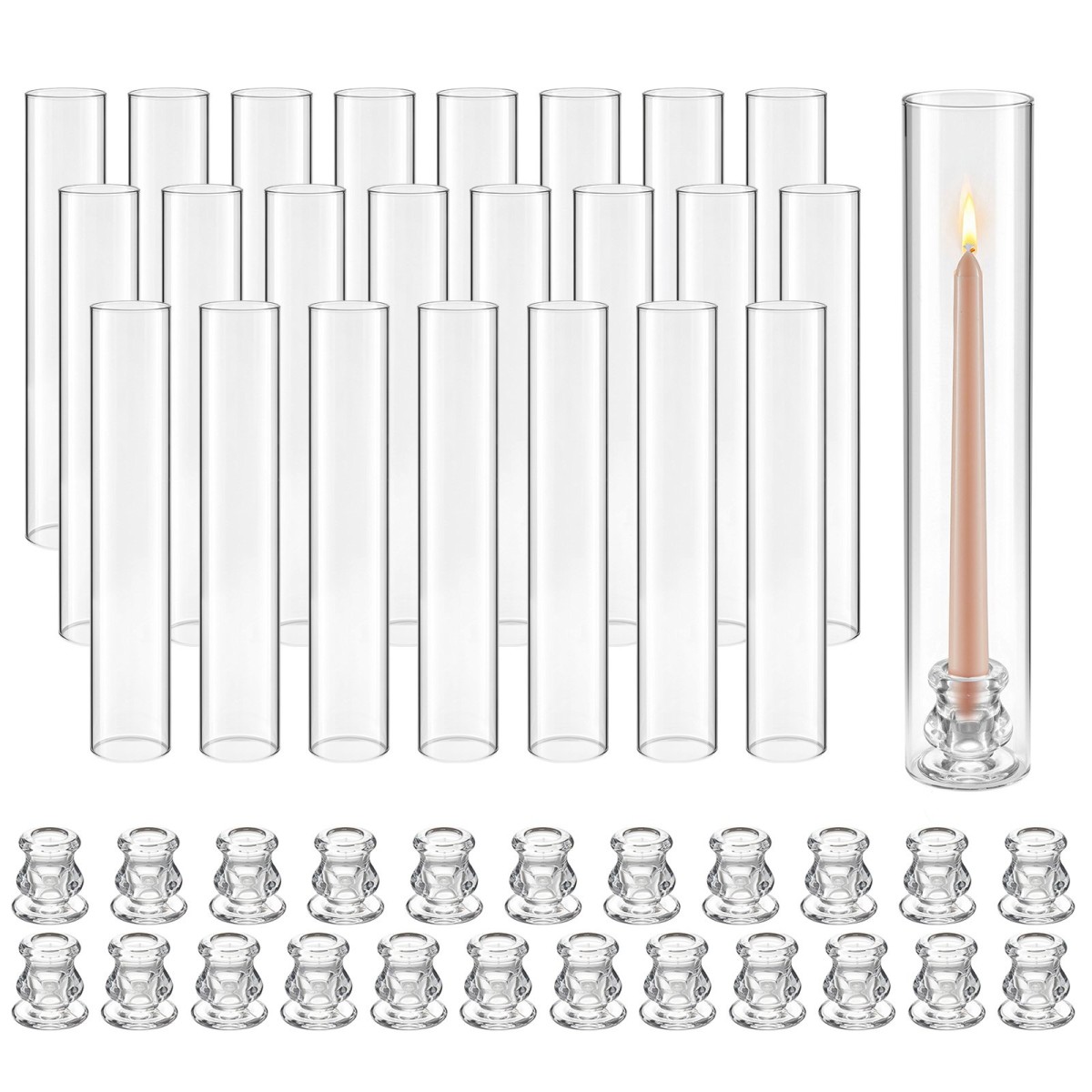 Κηροπήγια VEVOR Hurricane Σετ 24, Φ 65 x 350 χιλ. Ψηλός Clear Glass Κυλινδροθήκη Κηροπήγιο, Υψηλό Βοροπυριτικό Γυαλί, Αντιανεμική Προστασία για Γάμο, Τραπέζι Κεντρικό, Πάρτι, Διακόσμηση σπιτιού