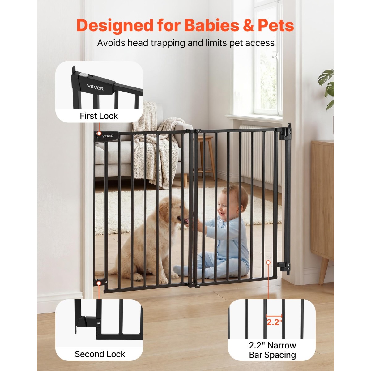 VEVOR Baby Gate για σκάλες, 720-1085 mm Ρυθμιζόμενο πλάτος, 920 mm High Dog Gate, Χωρίς κάτω μπάρα, Λειτουργία με το ένα χέρι, Εύκολη εγκατάσταση διάτρησης με κιτ υλικού, για σκάλες, πόρτες, σπίτι, μαύρο
