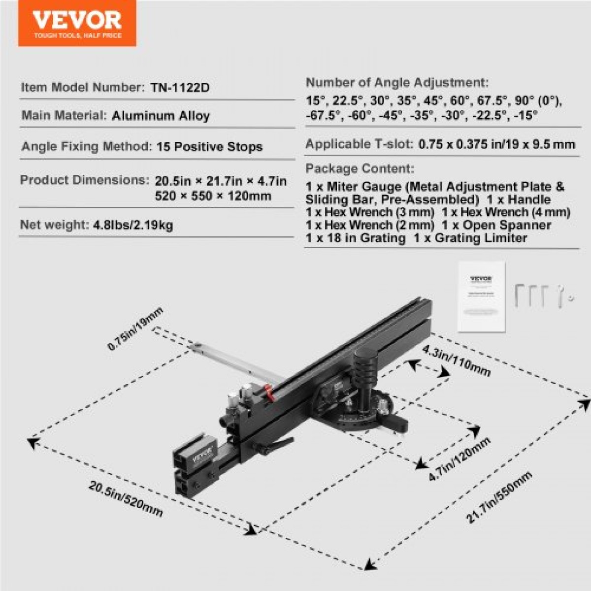 VEVOR Precision Miter Gauge, Τυπική σχισμή 19 x 9,5 mm, Επιτραπέζιο κράμα αλουμινίου Πριόνι μετρητή κοπής με σχάρα 15 γωνιακών στοπ με ρυθμιζόμενο έμβολο με ελατήριο και αφαιρούμενος δίσκος, για ξυλουργική