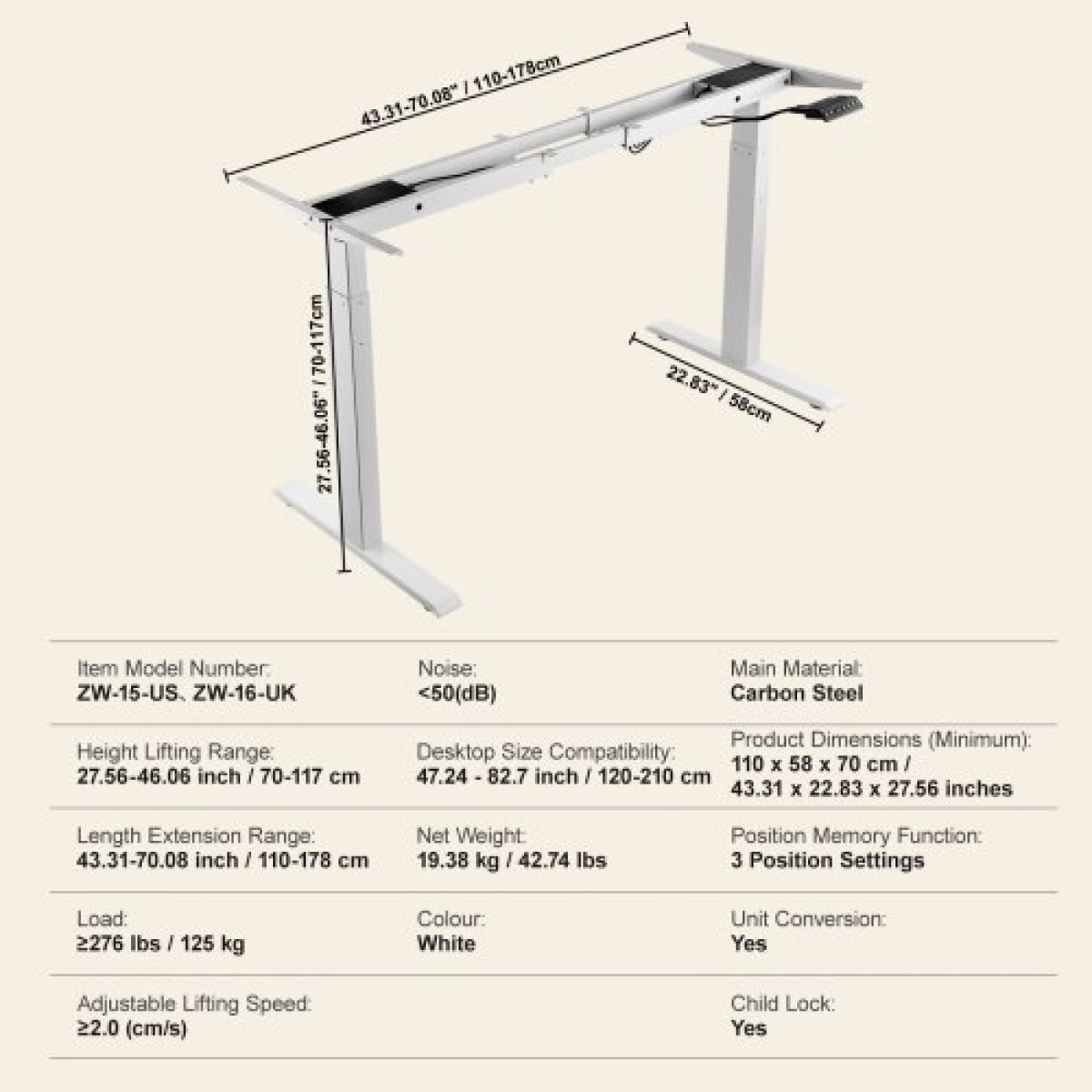 VEVOR Standing Desk Frame Διπλός κινητήρας, Ρυθμιζόμενο 27,6"-46,1"/70-117 cm Ύψος & 43,3"-70,1"/110-178 cm μήκος Ηλεκτρικά πόδια γραφείου υπολογιστή, Εργονομική βάση DIY Workstation μόνο για το σπίτι και το γραφείο (White)