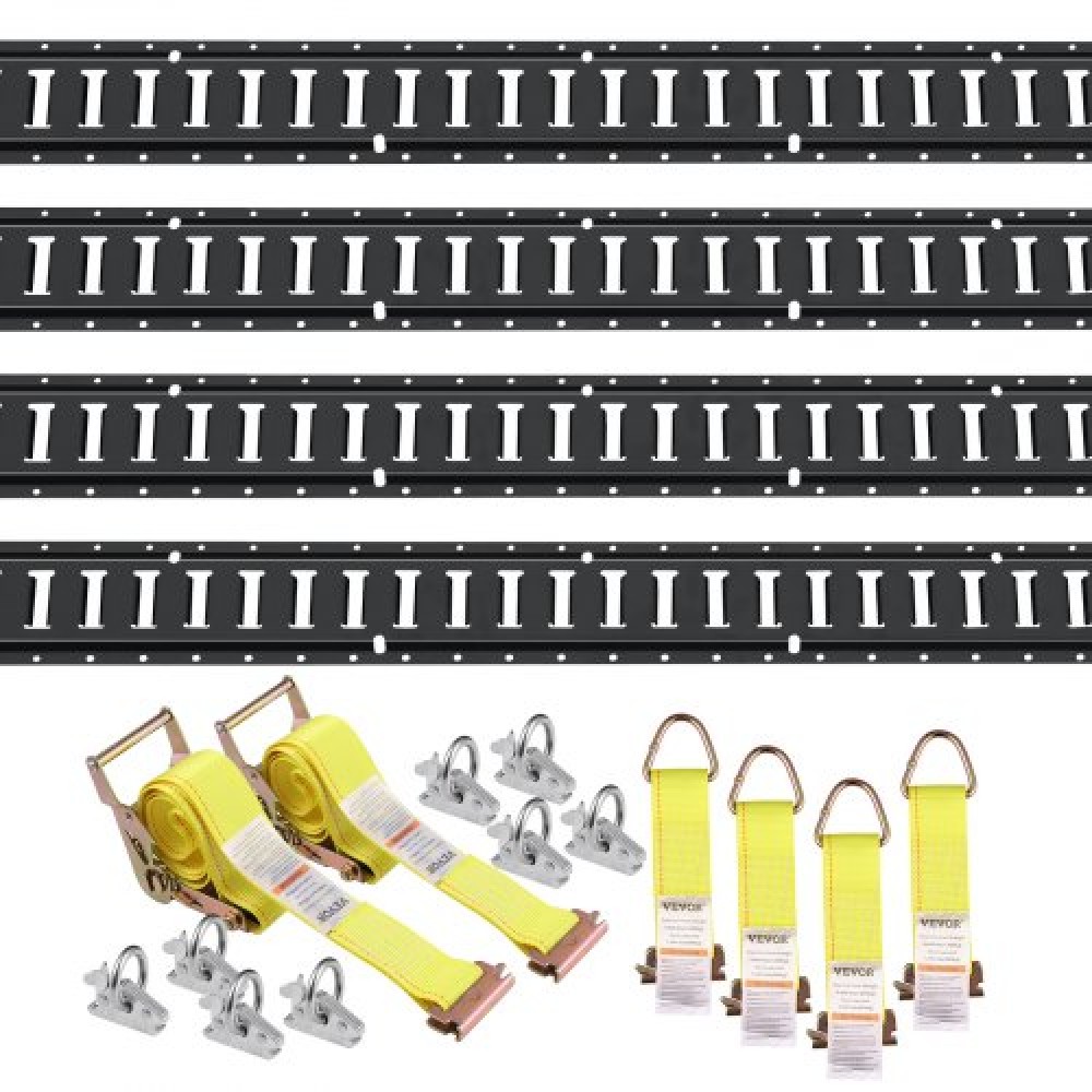 VEVOR E Track Tie-Down Rail Kit, 18PCS 5' E-Tracks Set Περιλαμβάνει 4 χαλύβδινες ράγες & 8 άγκυρες O-Ring & 4 Tie-Off με D-Ring & 2 ιμάντες καστάνιας, Αξεσουάρ ασφάλισης για μοτοσικλέτες Cargo, 2000 lbs