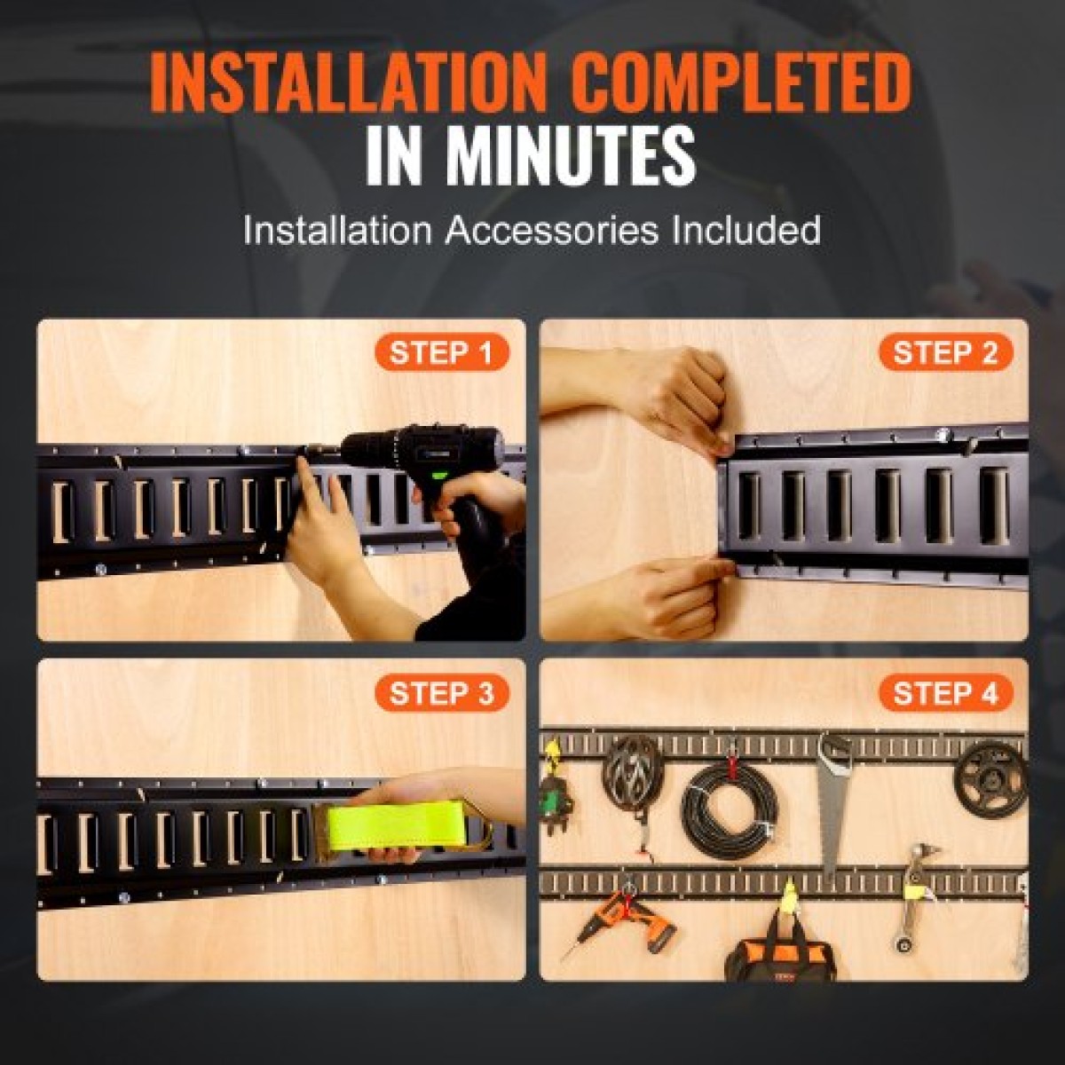 VEVOR E Track Tie-Down Rail Kit, 18PCS 5' E-Tracks Set Περιλαμβάνει 4 χαλύβδινες ράγες & 8 άγκυρες O-Ring & 4 Tie-Off με D-Ring & 2 ιμάντες καστάνιας, Αξεσουάρ ασφάλισης για μοτοσικλέτες Cargo, 2000 lbs