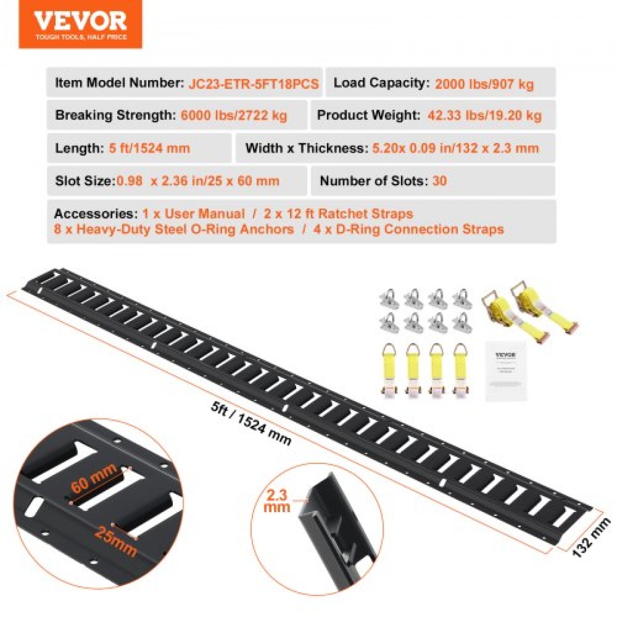 VEVOR E Track Tie-Down Rail Kit, 18PCS 5' E-Tracks Set Περιλαμβάνει 4 χαλύβδινες ράγες & 8 άγκυρες O-Ring & 4 Tie-Off με D-Ring & 2 ιμάντες καστάνιας, Αξεσουάρ ασφάλισης για μοτοσικλέτες Cargo, 2000 lbs