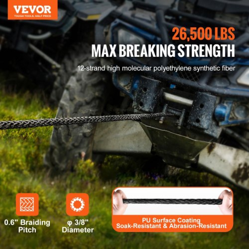 VEVOR Synthetic Winch Rope, 9,5 mm x 30,48 m 12.020 kg Συνθετικό σχοινί καλωδίου βαρούλκου με προστατευτικό μανίκι + σφυρήλατο άγκιστρο βαρούλκου + ιμάντα έλξης, Universal εφαρμογή για SUV, μεγάλο όχημα εκτός δρόμου, φορτηγό