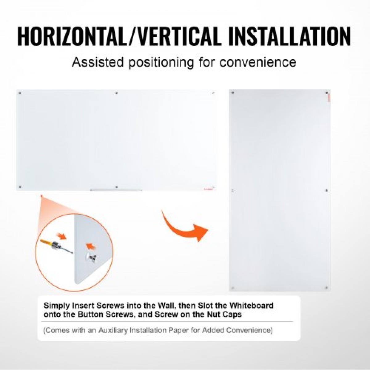 Whiteboard VEVOR Magnetic Glass, Dry Erase Board 72"x36", Επιτοίχια Μεγάλη Λευκή Γυάλινη Πίνακας χωρίς πλαίσιο, με Δίσκο μαρκαδόρου, Γόμα και 2 Μαρκαδόρους, Λευκό