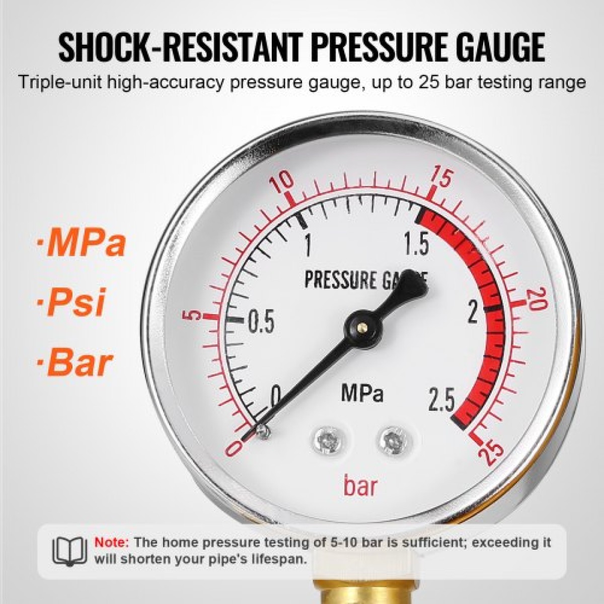 Υδροστατική δοκιμαστική αντλία VEVOR, Max 25 bar/362 PSI, Χειροκίνητο κιτ μέτρησης πίεσης νερού υδραυλικής μονής βαλβίδας με μετρητή Δεξαμενή νερού 5L, σωλήνας 1 m με εξωτερικό σύνδεσμο σπειρώματος 1,27 cm για αγωγό