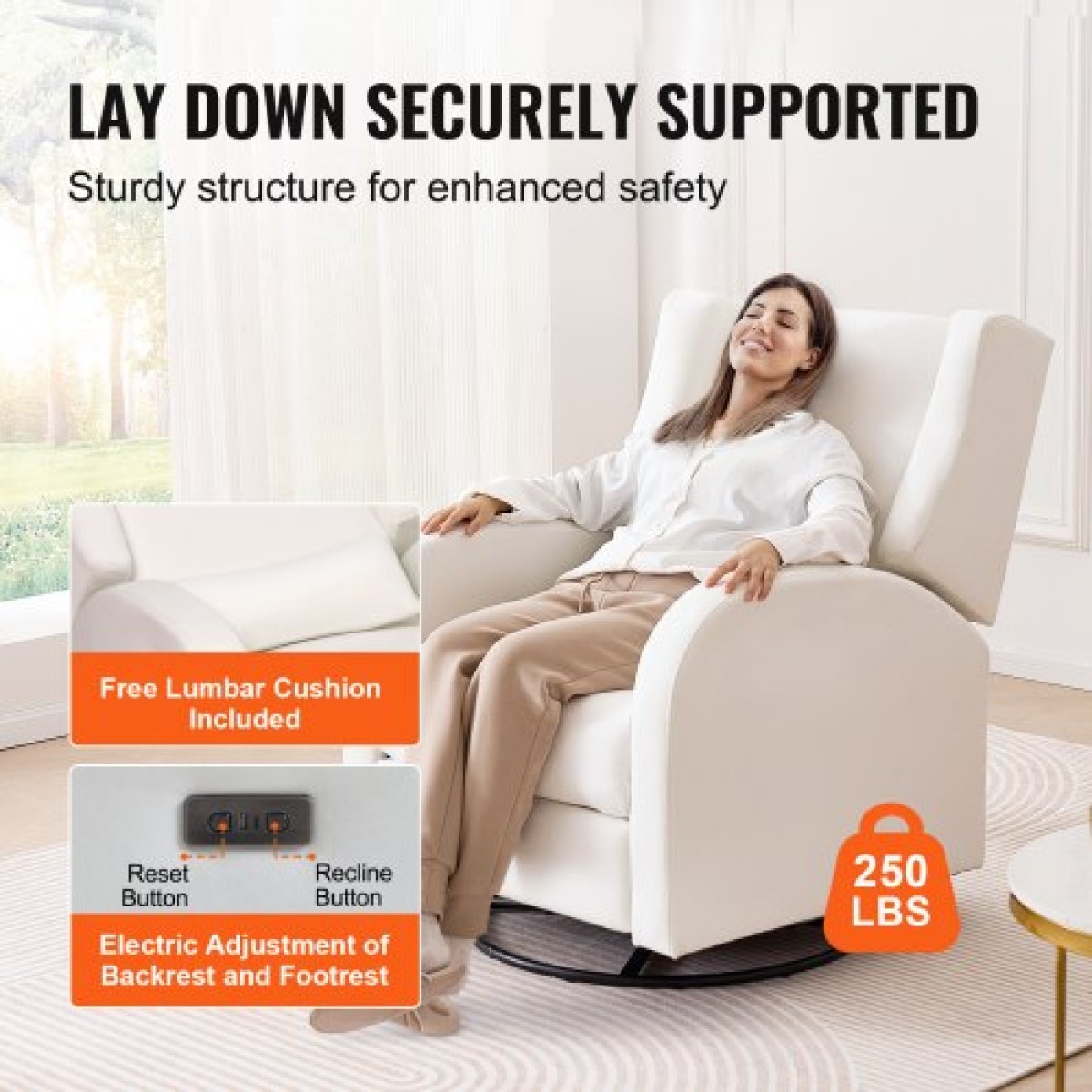 VEVOR Electronic Power Recliner and Swivel Glider, 113,4 kg Weight Capacity Swivel Glider Recliner Chair με ρυθμιζόμενη γωνία, πολυεστερική επιφάνεια ανάκλιντρο για σαλόνι, υπνοδωμάτιο, υπόλευκο