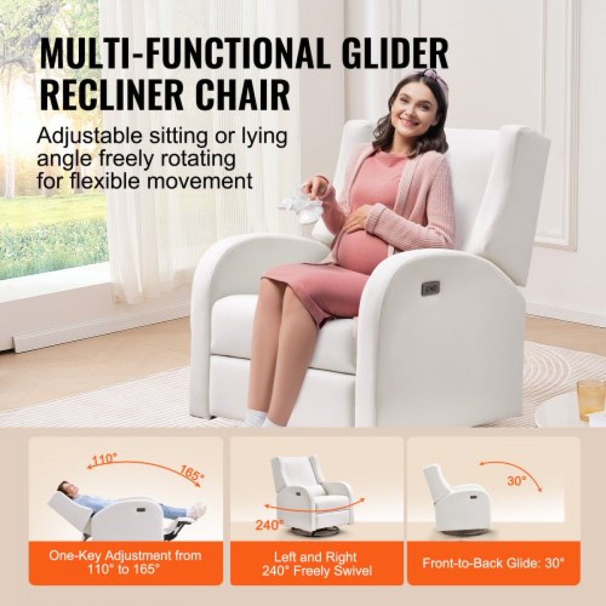 VEVOR Electronic Power Recliner and Swivel Glider, 113,4 kg Weight Capacity Swivel Glider Recliner Chair με ρυθμιζόμενη γωνία, πολυεστερική επιφάνεια ανάκλιντρο για σαλόνι, υπνοδωμάτιο, υπόλευκο