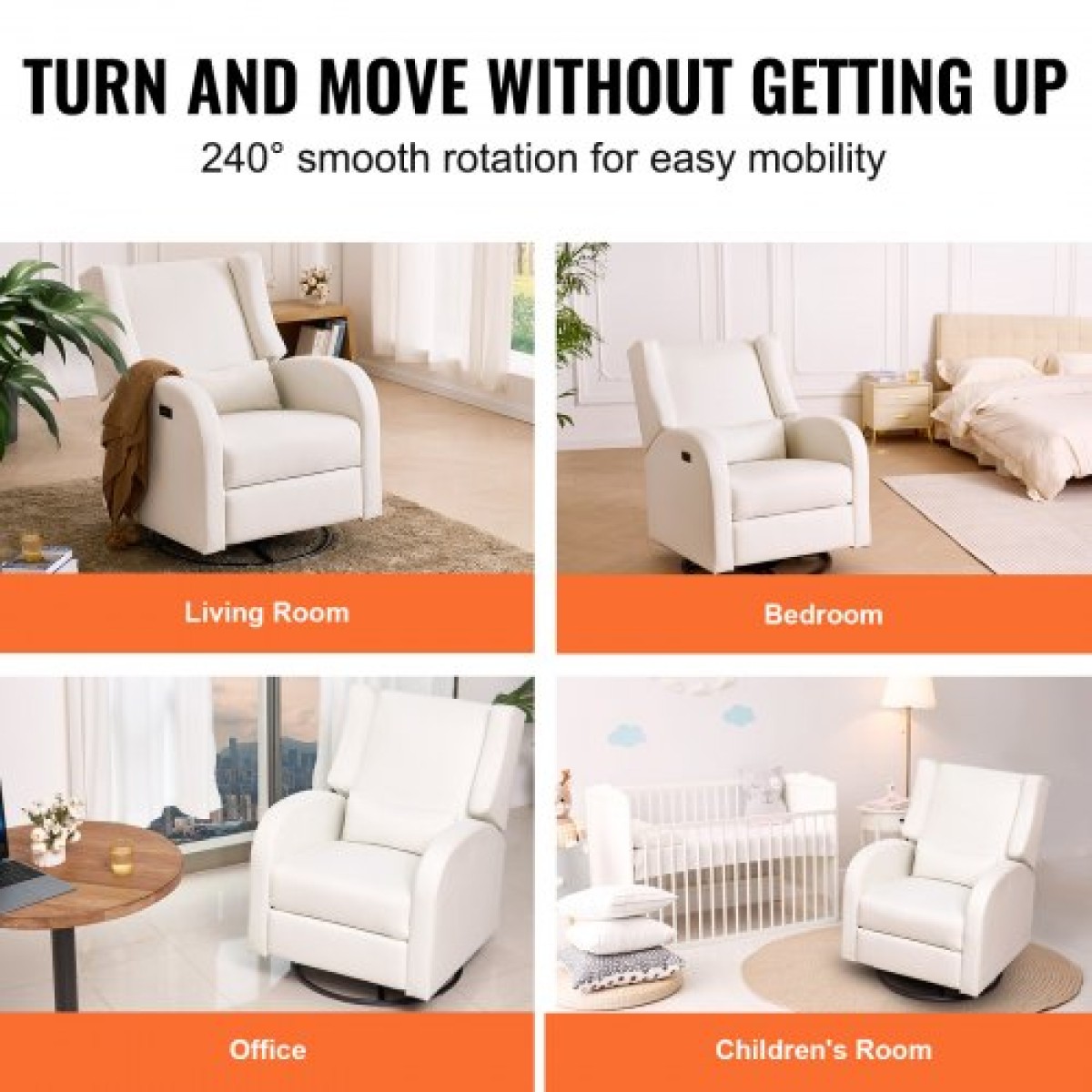 VEVOR Electronic Power Recliner and Swivel Glider, 113,4 kg Weight Capacity Swivel Glider Recliner Chair με ρυθμιζόμενη γωνία, πολυεστερική επιφάνεια ανάκλιντρο για σαλόνι, υπνοδωμάτιο, υπόλευκο