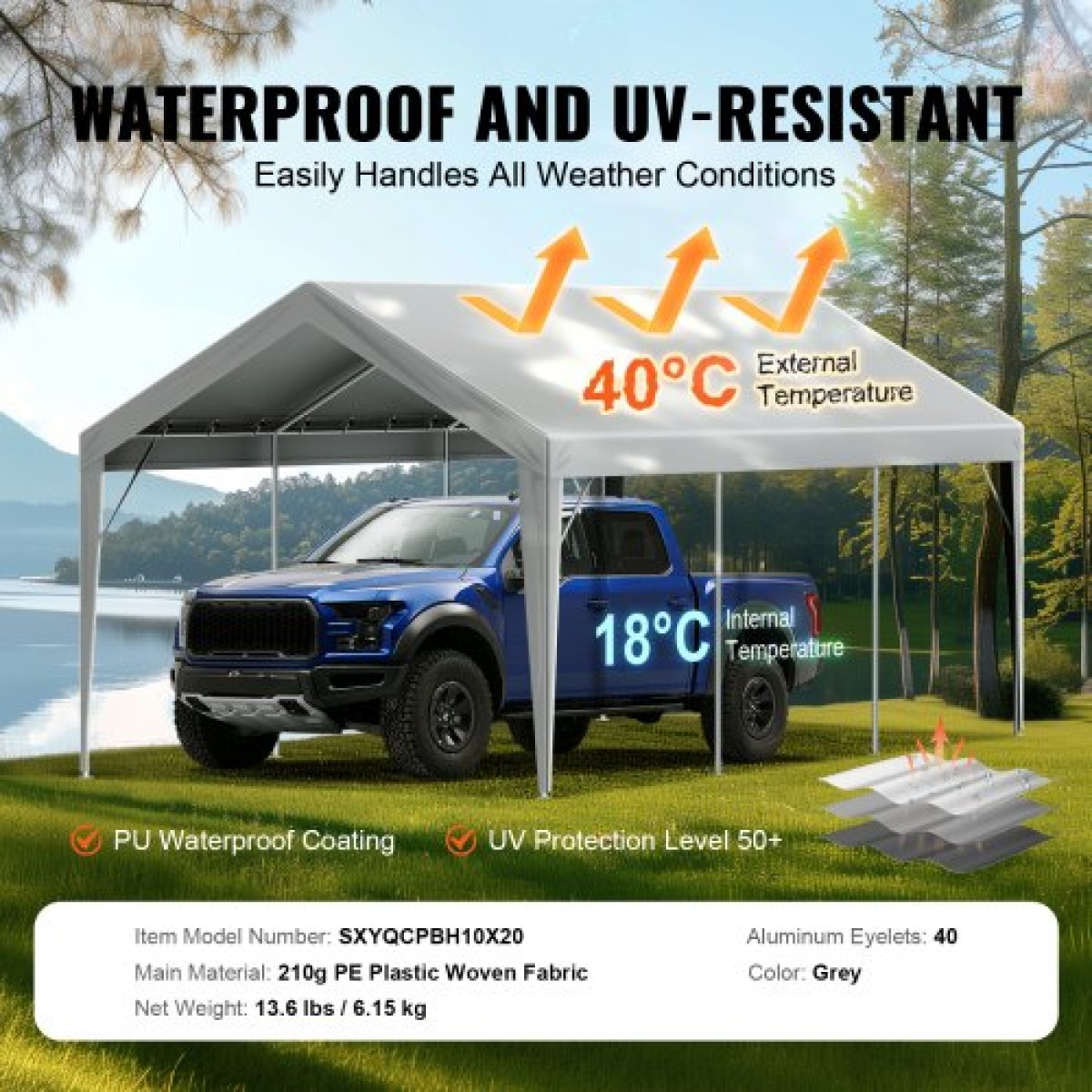 Ανταλλακτικό κάλυμμα κουβούκλιο VEVOR Carport 6100 x 3040 χιλ. Στέγαστρο γκαράζ πάνω από σκηνές Tarp βαρέως τύπου αδιάβροχο & προστατευμένο από την υπεριώδη ακτινοβολία, Εύκολη εγκατάσταση με μπάντζες μπάλας, γκρι (Μόνο επάνω κάλυμμα, πλαίσιο δεν περι