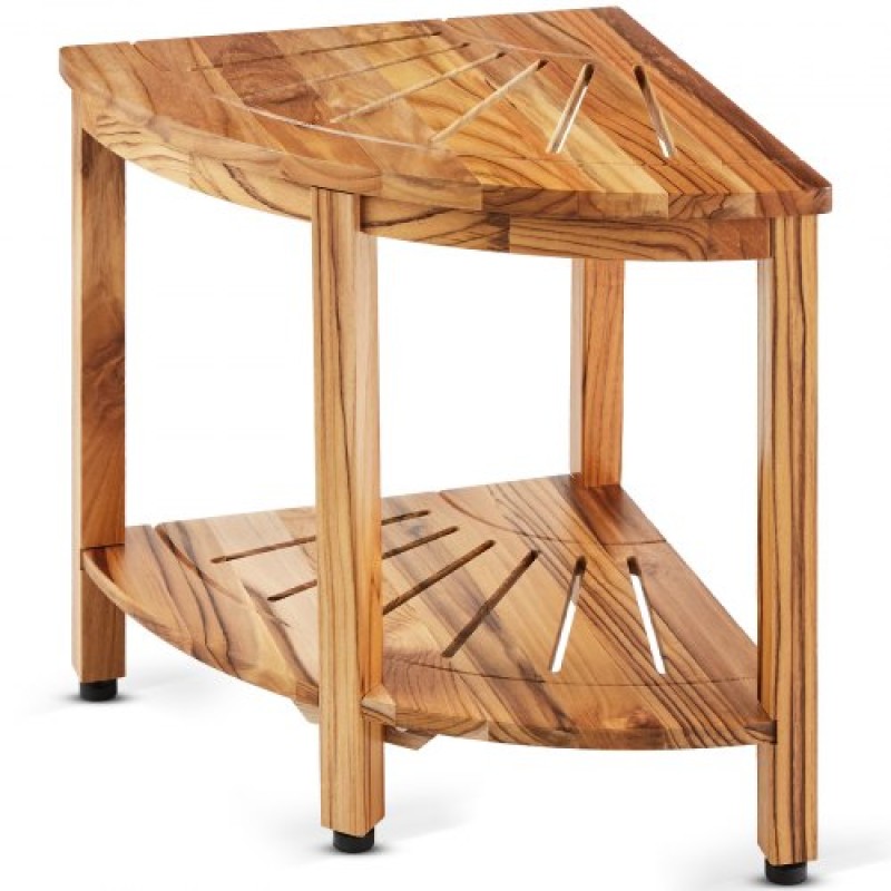 VEVOR Corner Teak Shower Bench, 18.5" Height 15.5" Radius, 100% Teak Wood Corner Shower Beach, Mold-resistant, 500 LBS with Storage Shelf, Shower Stool for Inside & Outside Shower, for Bathroom