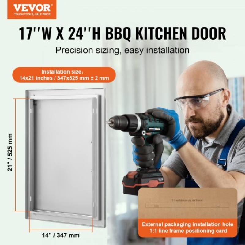 VEVOR BBQ Access Door, 432x610 mm Μονή Πόρτα Εξωτερικής Κουζίνας, Πόρτα από ανοξείδωτο ατσάλι Flush Mount, Επιτοίχια Κατακόρυφη Πόρτα με Λαβή, για BBQ Island, Ψητοπωλείο, Εξωτερικό ντουλάπι
