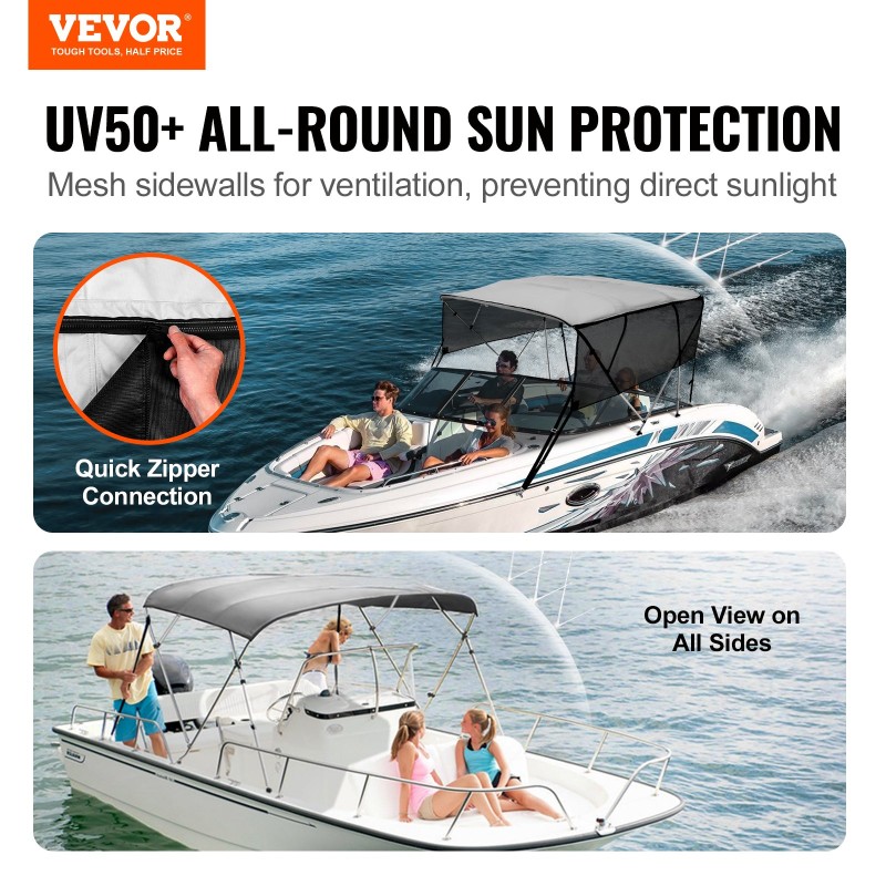 Επάνω κάλυμμα σκάφους VEVOR 4 Bow Bimini, Αποσπώμενα πλαϊνά τοιχώματα από πλέγμα, 600D πολυεστερικός θόλος με σκελετό από κράμα αλουμινίου 1", Περιλαμβάνει μπότα αποθήκευσης, 2 στύλους στήριξης, 2 ιμάντες, 8'L x 54"H x 91"-96"W, Α