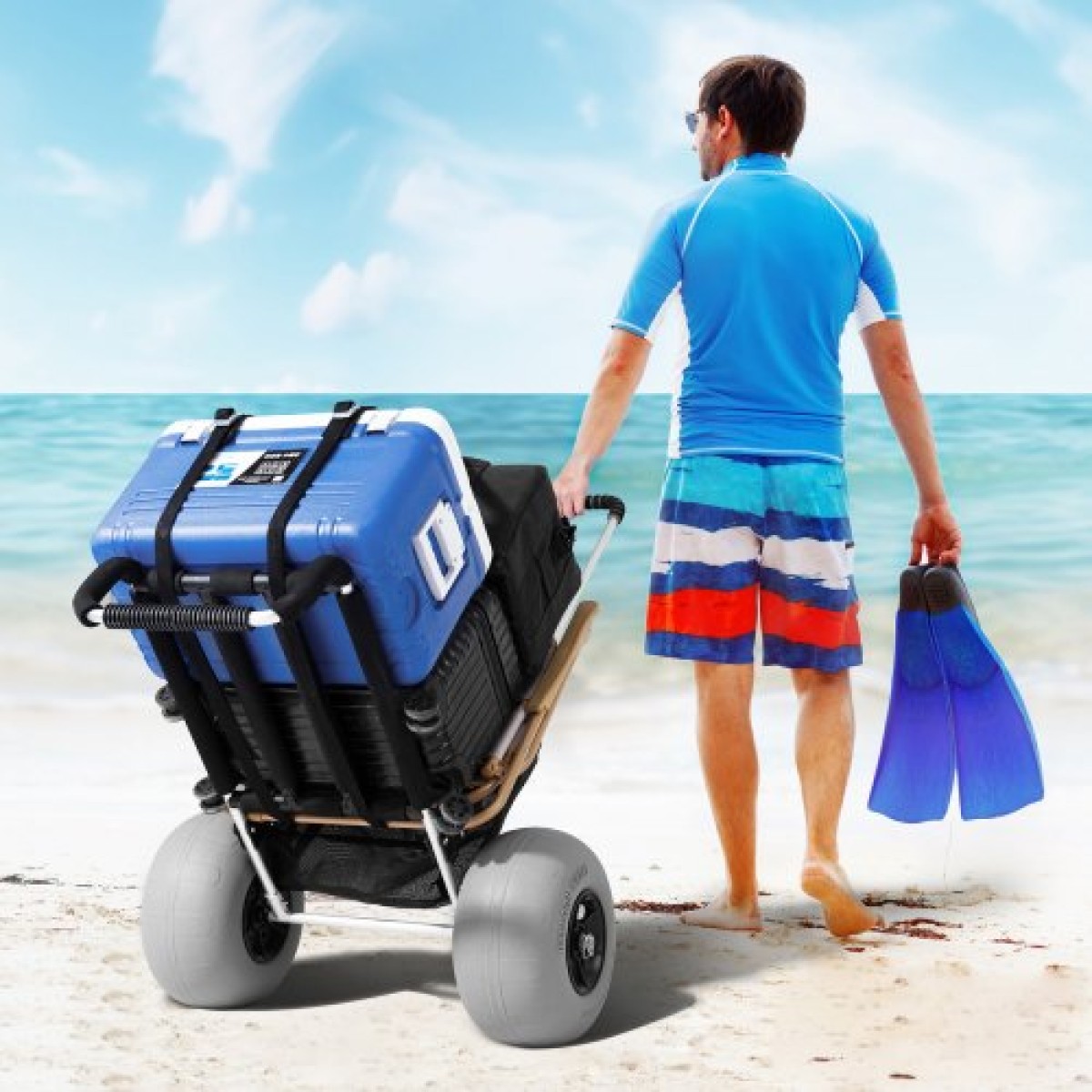 VEVOR Beach Dolly με μεγάλους τροχούς για άμμο, 29,9" x 15,4" Κατάστρωμα φορτίου, με ρόδες με μπαλόνι 12", αναδιπλούμενο καρότσι άμμου χωρητικότητας 165 LBS & ρυθμιζόμενο ύψος 27" έως 44,7", καρότσι βαρέως τύπου για παραλία
