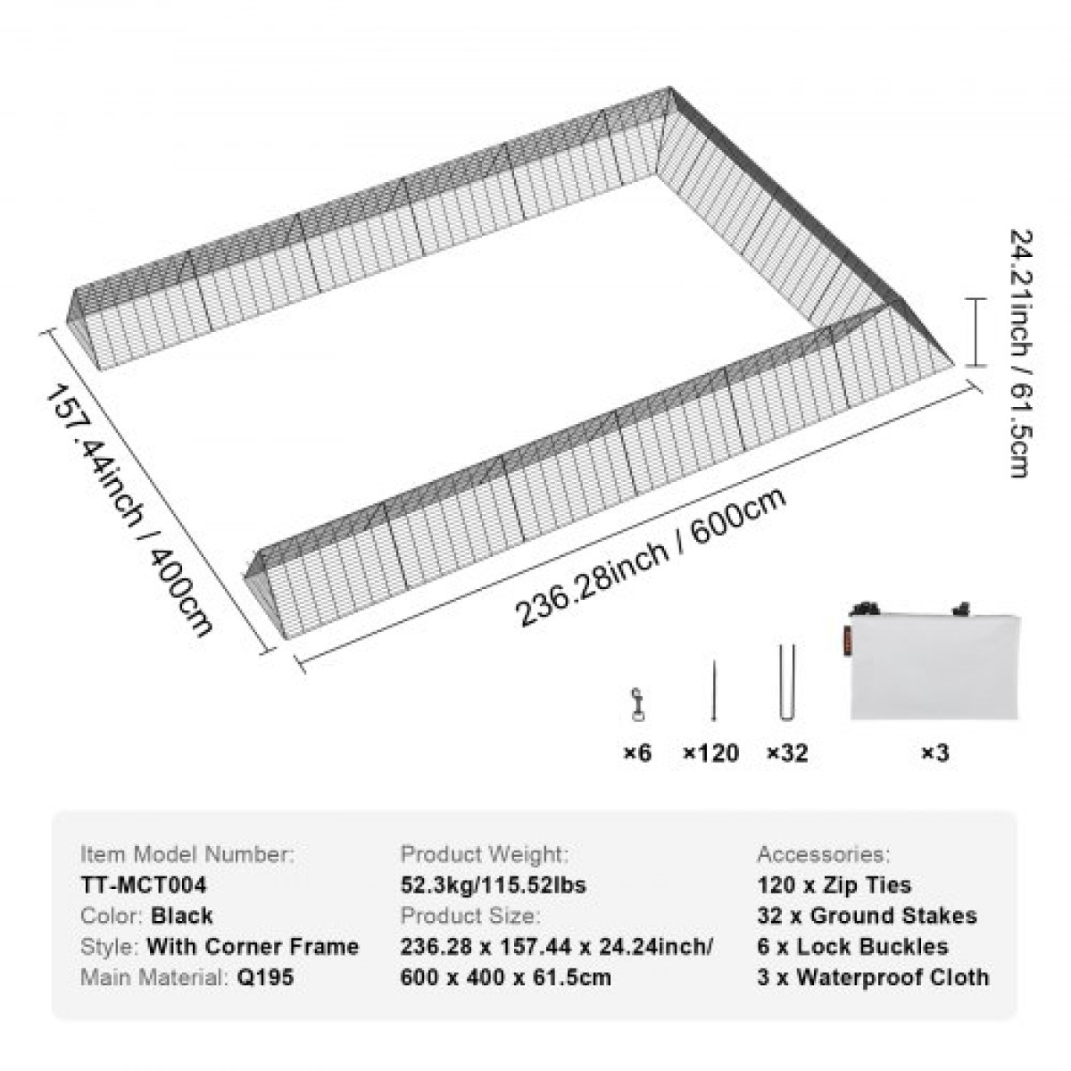 VEVOR Chicken Tunnels, 236,2 x 157,5 x 24,2 ίντσες (ΜxΠxΥ) Σήραγγες κοτόπουλου για αυλή, φορητές σήραγγες κοτόπουλου για εξωτερικό χώρο με γωνιακό πλαίσιο, 2 σετ, κατάλληλο για κοτόπουλα, πάπιες, κουνέλια
