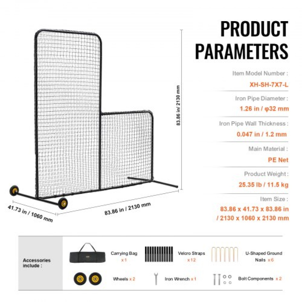 VEVOR L Screen Baseball για Batting Cage, 7x7 ft Softball Screen Safety, Body Protector Φορητή οθόνη κτύπημα με τσάντα μεταφοράς, ρόδες, πασσάλους εδάφους, βαρέως τύπου δίχτυ ρίψης για προστασία Pitchers