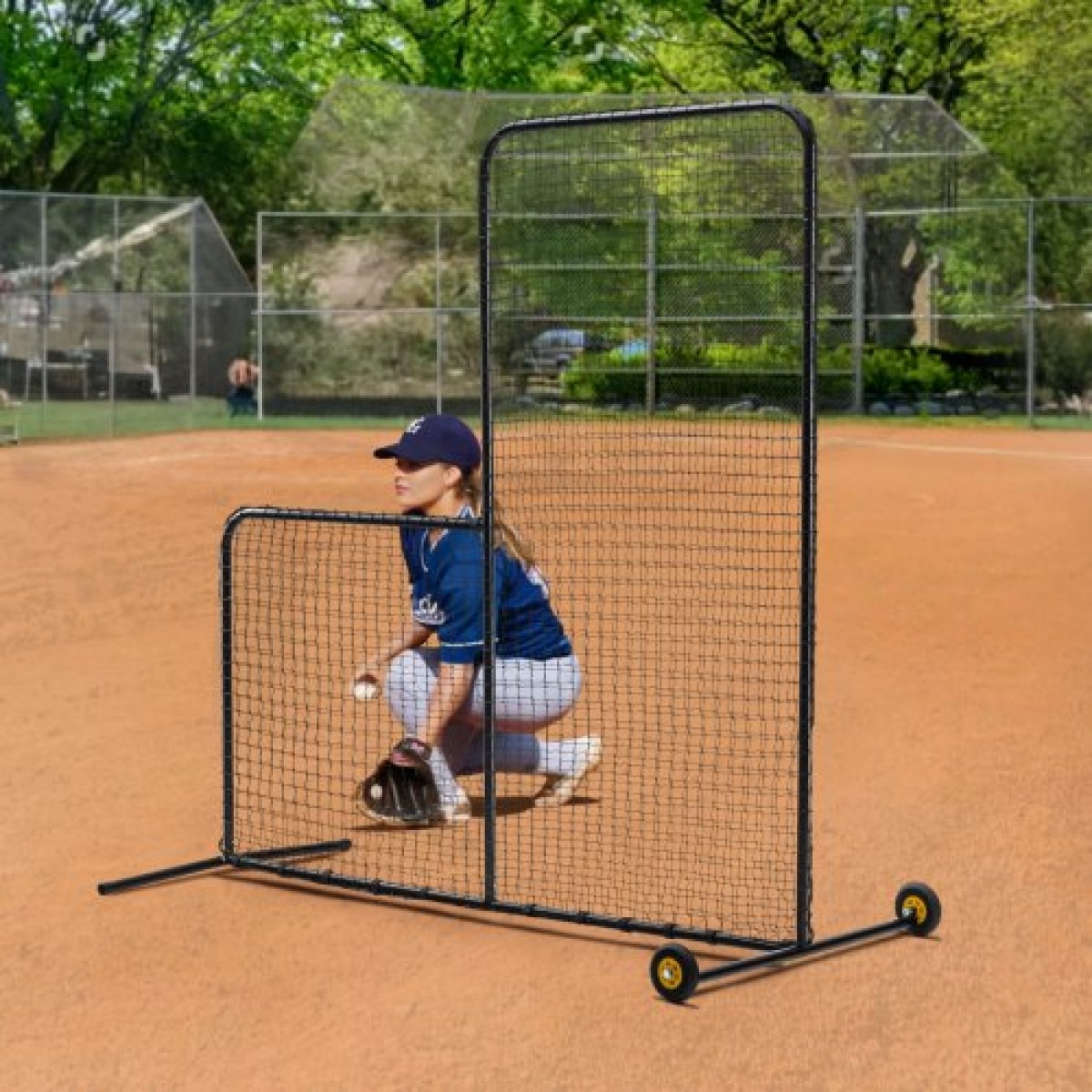 VEVOR L Screen Baseball για Batting Cage, 7x7 ft Softball Screen Safety, Body Protector Φορητή οθόνη κτύπημα με τσάντα μεταφοράς, ρόδες, πασσάλους εδάφους, βαρέως τύπου δίχτυ ρίψης για προστασία Pitchers