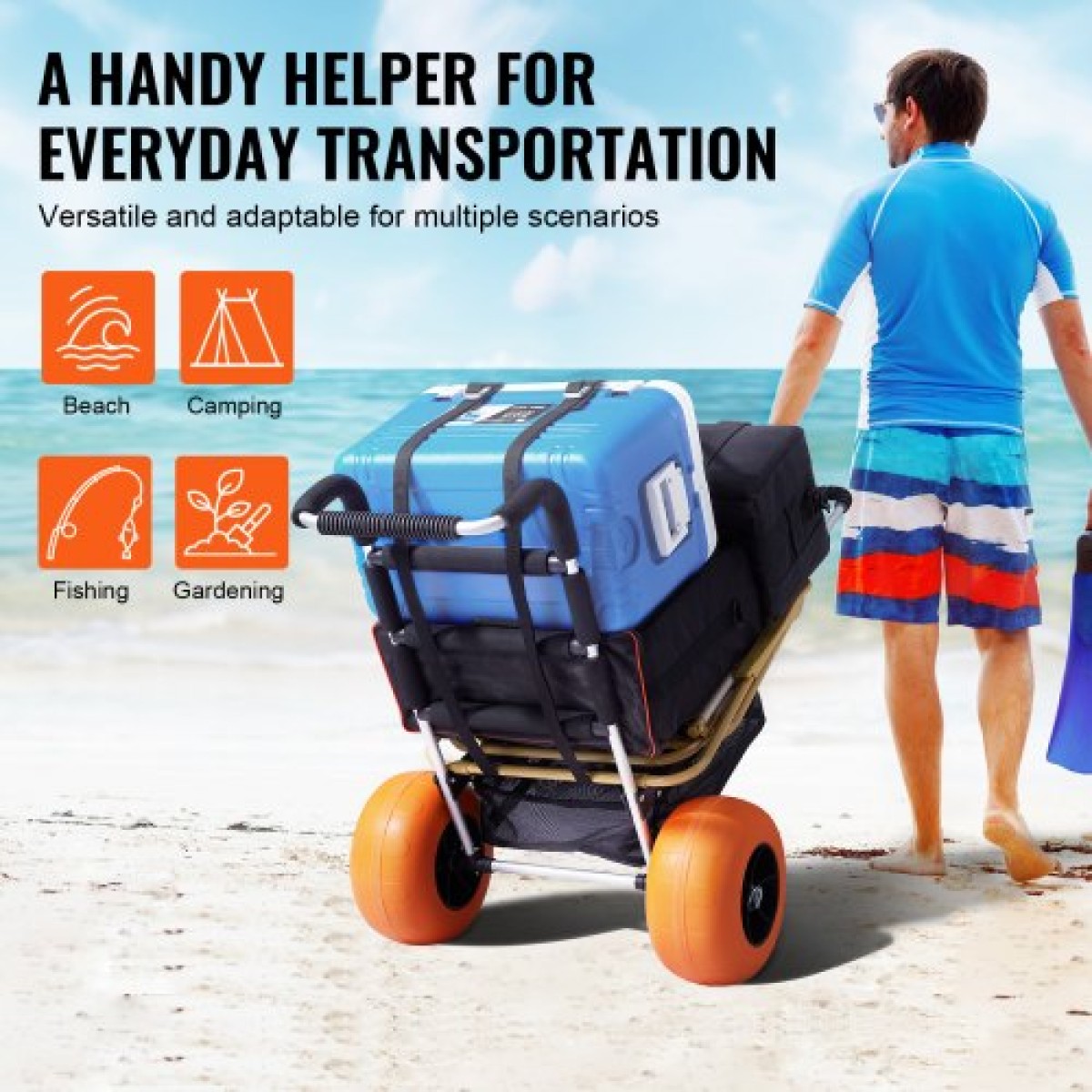VEVOR Beach Dolly με μεγάλους τροχούς για άμμο, 29,9" x 15,4" Κατάστρωμα φορτίου, με συμπαγείς τροχούς 12", αναδιπλούμενο καρότσι με χωρητικότητα φόρτωσης 165 LBS & ρυθμιζόμενο ύψος 27" έως 44,7" καρότσι βαρέως τύπου για παραλ