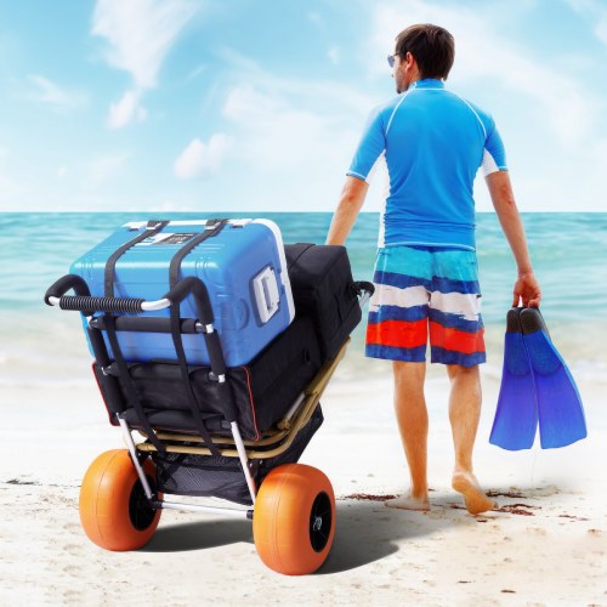VEVOR Beach Dolly με μεγάλους τροχούς για άμμο, 29,9" x 15,4" Κατάστρωμα φορτίου, με συμπαγείς τροχούς 12", αναδιπλούμενο καρότσι με χωρητικότητα φόρτωσης 165 LBS & ρυθμιζόμενο ύψος 27" έως 44,7" καρότσι βαρέως τύπου για παραλ