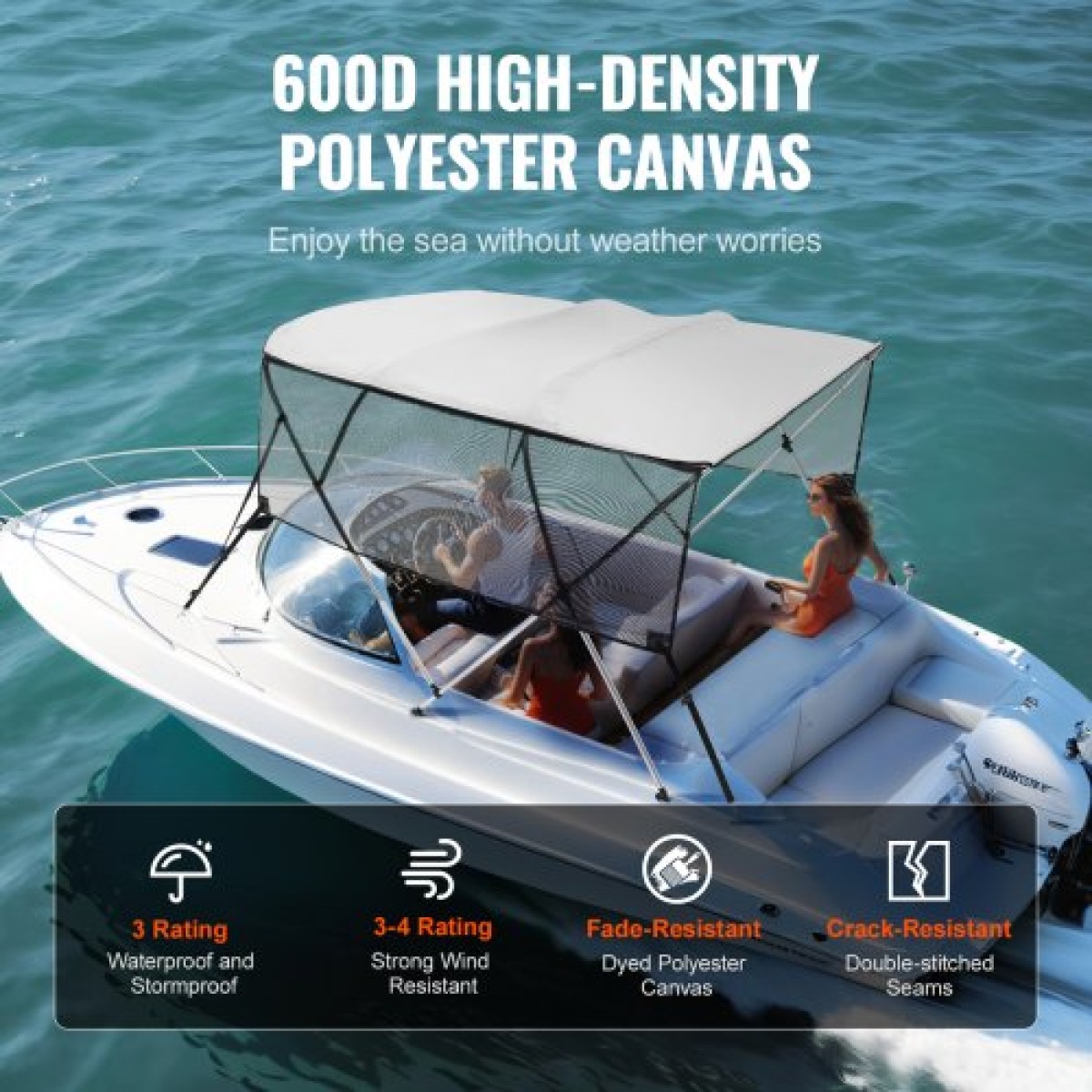 Επάνω κάλυμμα σκάφους VEVOR 4 Bow Bimini, Αποσπώμενα πλαϊνά τοιχώματα από πλέγμα, 600D πολυεστερικός θόλος με πλαίσιο 1" από κράμα αλουμινίου, Περιλαμβάνει μπότα αποθήκευσης, 2 πόλους στήριξης, 2 ιμάντες, 8'L x 54"H x 85"-90"W, Αν