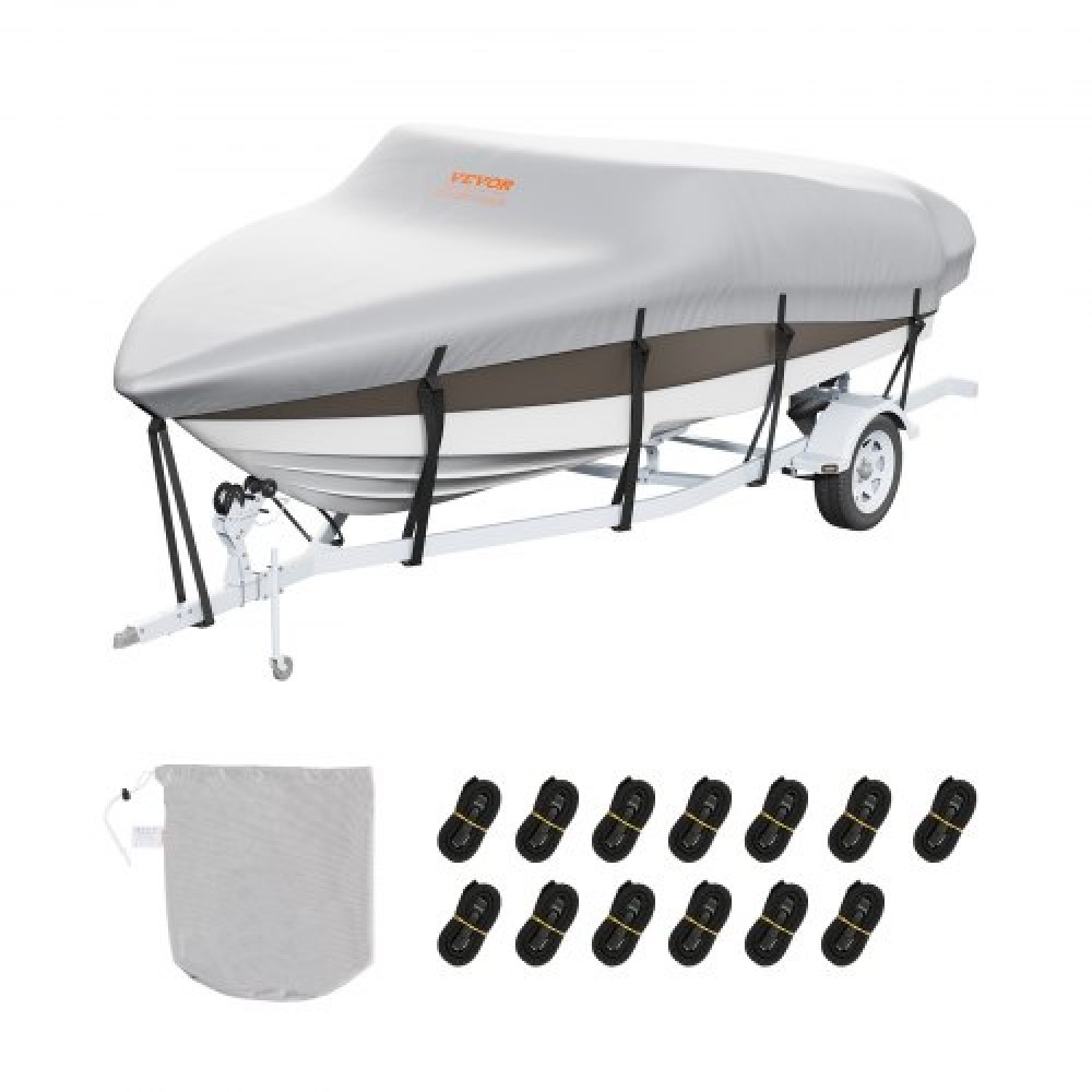 VEVOR Boat Cover, 5180-5790 mm Trailerable Waterproof Cover, 600D Marine Grade PU Oxford, με κάλυμμα κινητήρα και ιμάντες πόρπης, για V-Hull, Tri-Hull, Fish Ski Boat, Runabout, Bass Boat, Grey