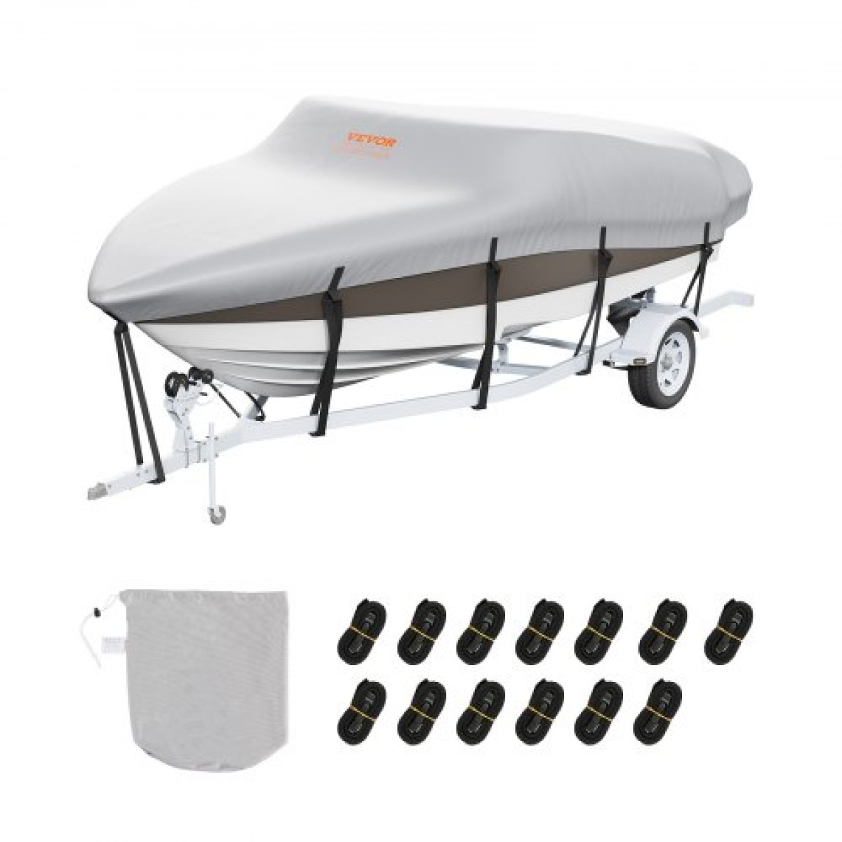 VEVOR Boat Cover, 5180-5790 mm Trailerable Waterproof Cover, 600D Marine Grade PU Oxford, με κάλυμμα κινητήρα και ιμάντες πόρπης, για V-Hull, Tri-Hull, Fish Ski Boat, Runabout, Bass Boat, Grey