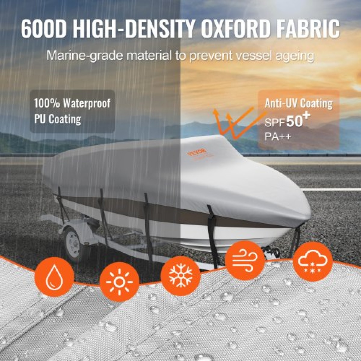 VEVOR Boat Cover, 5180-5790 mm Trailerable Waterproof Cover, 600D Marine Grade PU Oxford, με κάλυμμα κινητήρα και ιμάντες πόρπης, για V-Hull, Tri-Hull, Fish Ski Boat, Runabout, Bass Boat, Grey