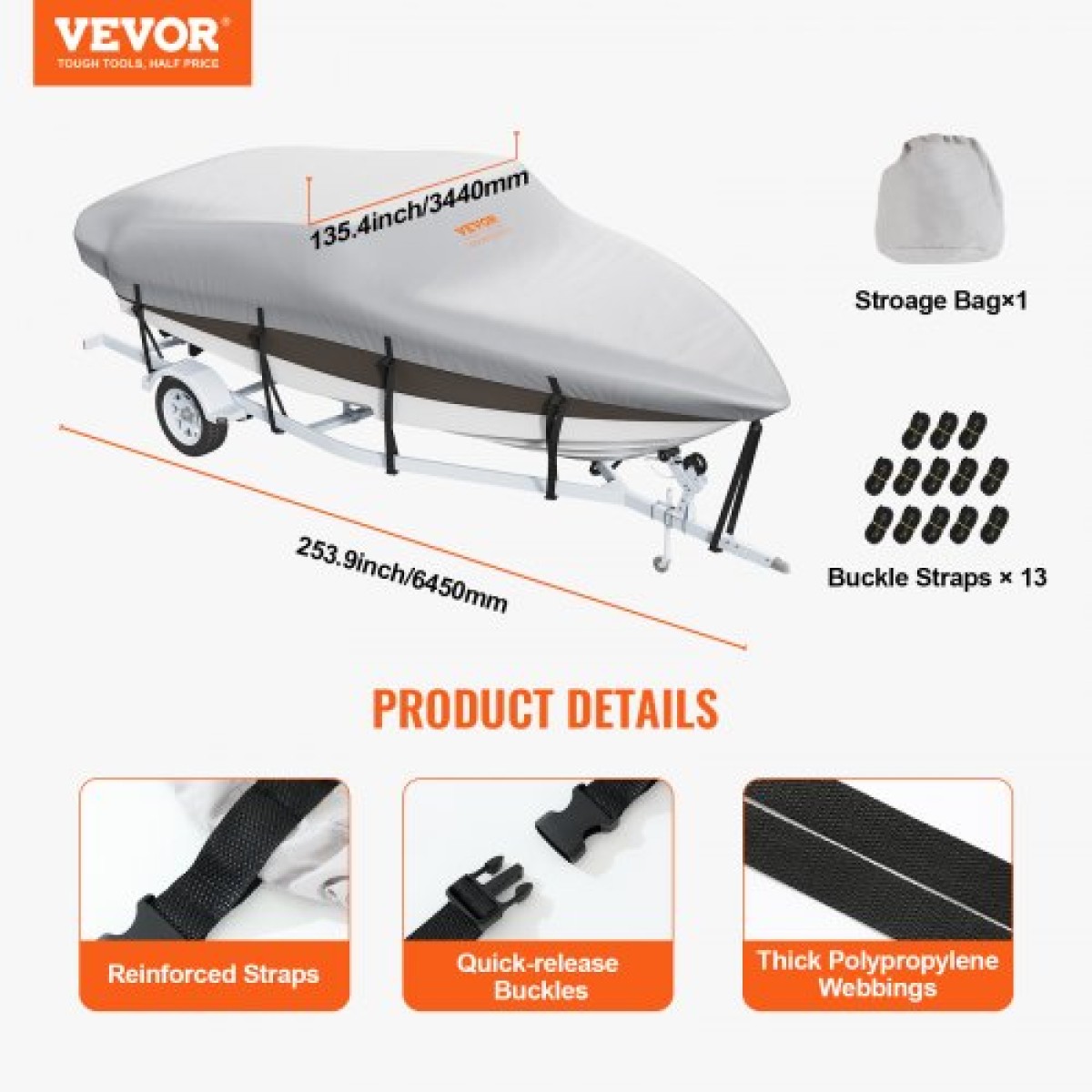 VEVOR Boat Cover, 5180-5790 mm Trailerable Waterproof Cover, 600D Marine Grade PU Oxford, με κάλυμμα κινητήρα και ιμάντες πόρπης, για V-Hull, Tri-Hull, Fish Ski Boat, Runabout, Bass Boat, Grey
