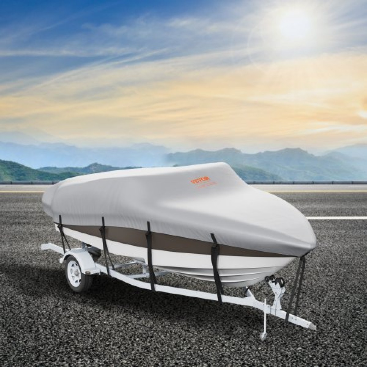 VEVOR Boat Cover, 5180-5790 mm Trailerable Waterproof Cover, 600D Marine Grade PU Oxford, με κάλυμμα κινητήρα και ιμάντες πόρπης, για V-Hull, Tri-Hull, Fish Ski Boat, Runabout, Bass Boat, Grey