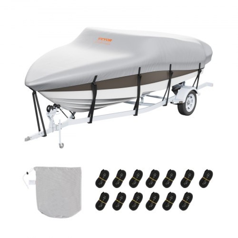 VEVOR Boat Cover, 5180-5790 mm Trailerable Waterproof Cover, 600D Marine Grade PU Oxford, με κάλυμμα κινητήρα και ιμάντες πόρπης, για V-Hull, Tri-Hull, Fish Ski Boat, Runabout, Bass Boat, Grey