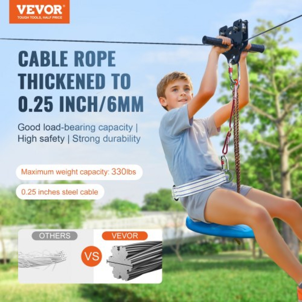 Κιτ Zipline VEVOR για παιδιά και ενήλικες, κιτ φερμουάρ 36,6 m έως 226,8 κιλά, φερμουάρ Γρήγορης εγκατάστασης σε εξωτερικό χώρο πίσω αυλής, Ψυχαγωγία παιδικής χαράς με φερμουάρ από ανοξείδωτο χάλυβα, φρένο ελατηρίου, ζώνη ασφαλείας, κάθισμα