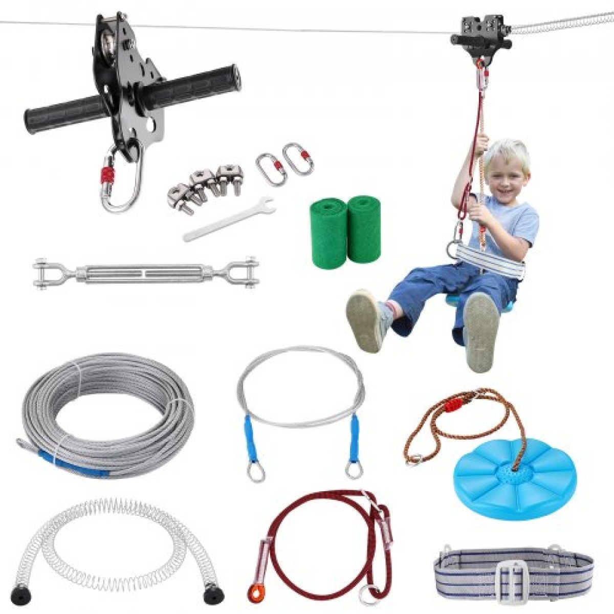 Κιτ Zipline VEVOR για παιδιά και ενήλικες, κιτ φερμουάρ 36,6 m έως 226,8 κιλά, φερμουάρ Γρήγορης εγκατάστασης σε εξωτερικό χώρο πίσω αυλής, Ψυχαγωγία παιδικής χαράς με φερμουάρ από ανοξείδωτο χάλυβα, φρένο ελατηρίου, ζώνη ασφαλείας, κάθισμα