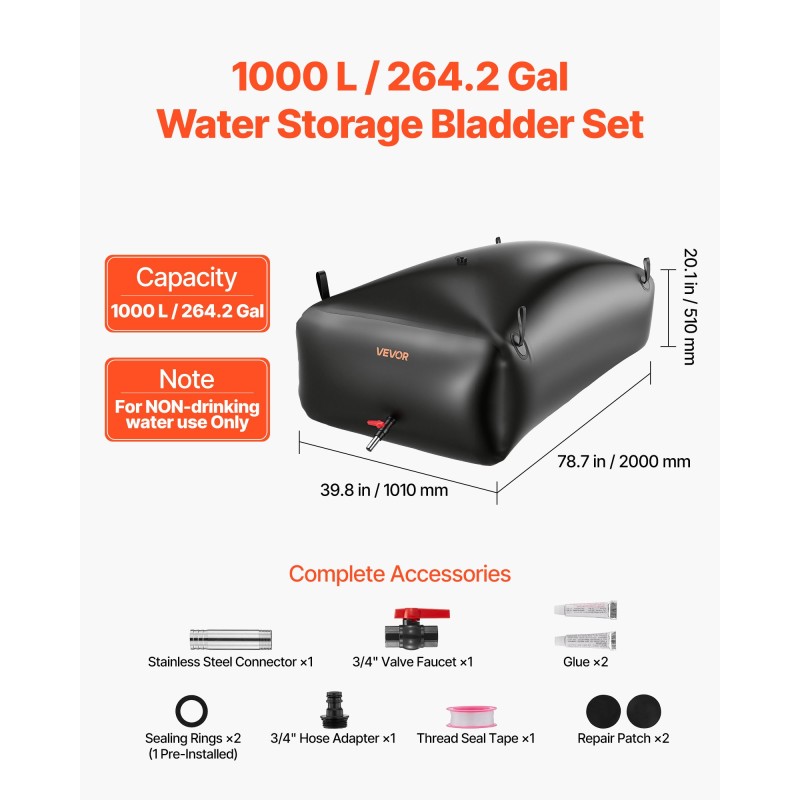 VEVOR Water Storage Bladder, 1000L φορητή & πτυσσόμενη τσάντα αποθήκευσης νερού, ανθεκτική στη φθορά 1000D PVC τσάντα μαλακών νερών, στεγανά δοχεία κάμπινγκ για άρδευση κήπου RV έκτακτης ανάγκης, Μαύρο