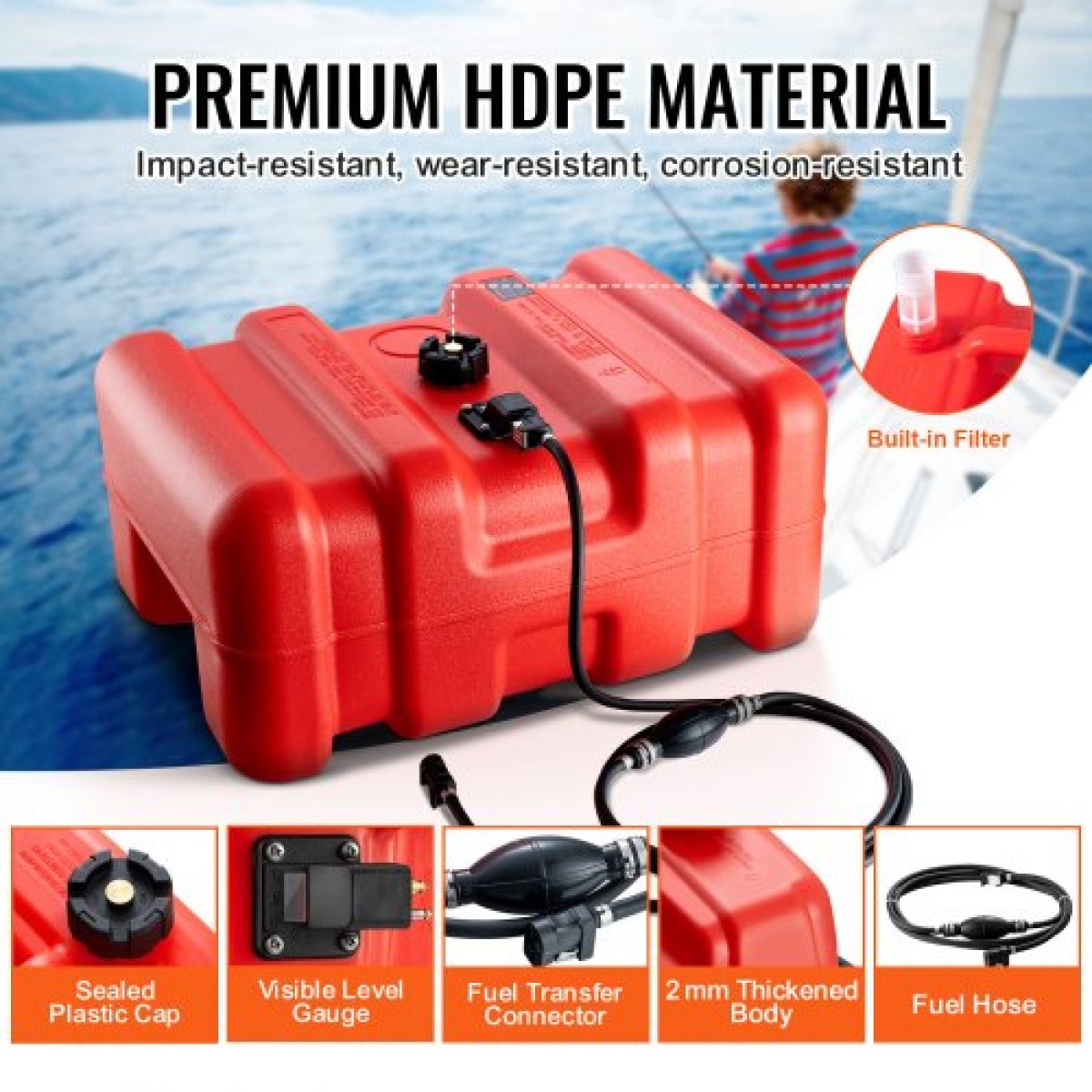 Δεξαμενή καυσίμου VEVOR Marine Fuel Tank, 14,53 Gallon/55L, Φορητή δεξαμενή αερίου καυσίμου σκάφους για σκάφη εξωλέμβιας μηχανής, πλαστική δεξαμενή καυσίμου εξωλέμβιου σκάφους με λάστιχο, εύκολη μεταφορά για σκάφος, ψαρόβαρκα, σκάφος καταστρώματος, κόκκιν