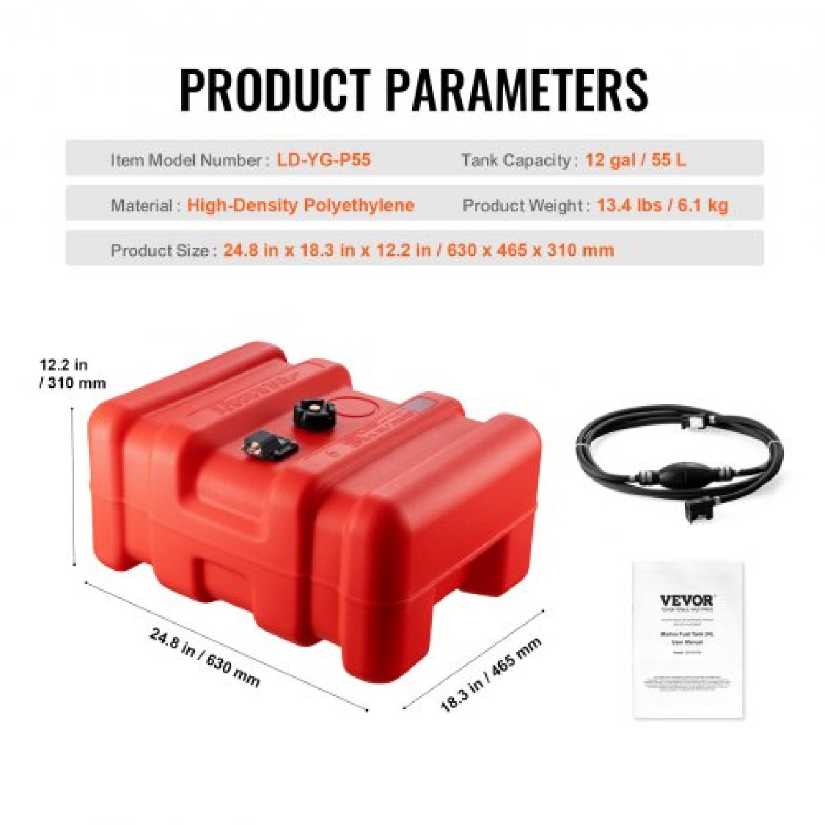 Δεξαμενή καυσίμου VEVOR Marine Fuel Tank, 14,53 Gallon/55L, Φορητή δεξαμενή αερίου καυσίμου σκάφους για σκάφη εξωλέμβιας μηχανής, πλαστική δεξαμενή καυσίμου εξωλέμβιου σκάφους με λάστιχο, εύκολη μεταφορά για σκάφος, ψαρόβαρκα, σκάφος καταστρώματος, κόκκιν